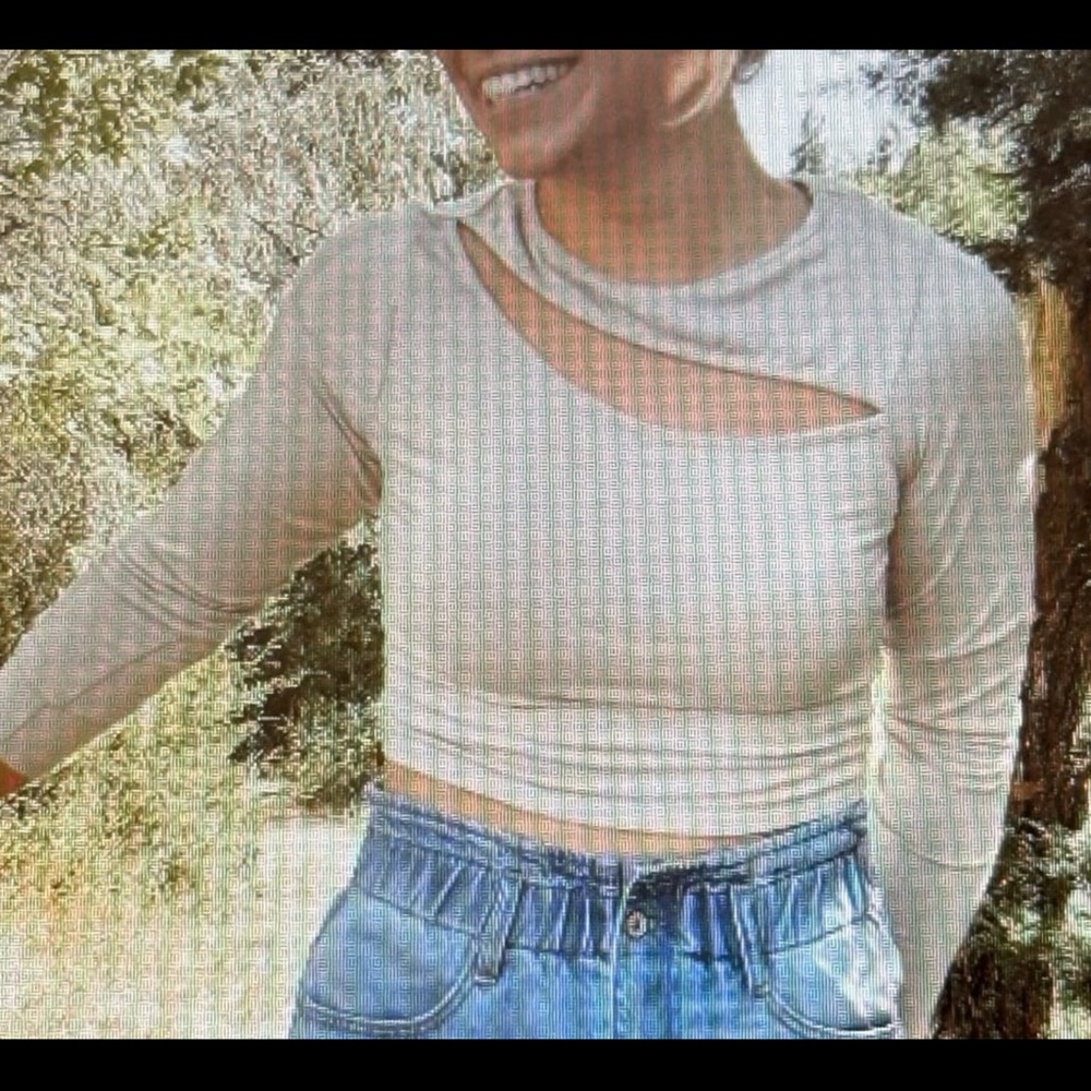 Beige Cutout Neck Crop Top Long Sleeve Fitted Top S